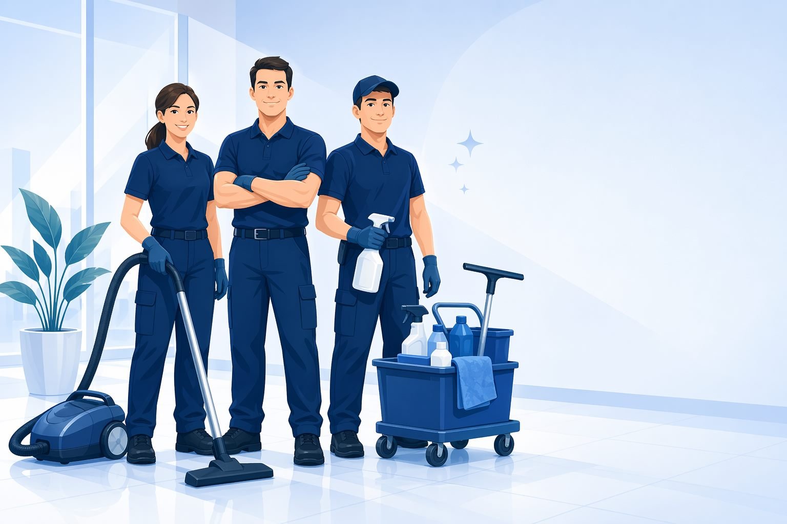 Team eines professionellen Gebäudeservice bei der Arbeitsvorbereitung